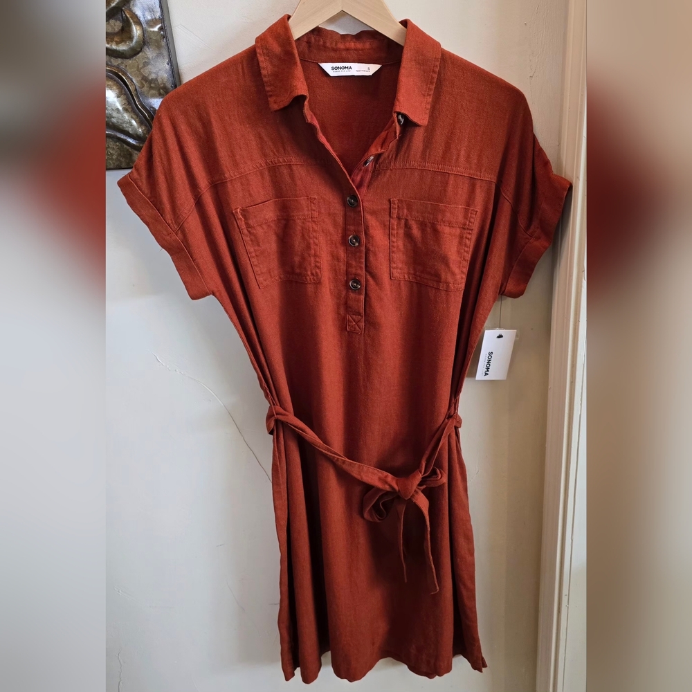 NWT Sonoma Rust Orange Button-Up Mini Dress Small - Picture 1 of 6